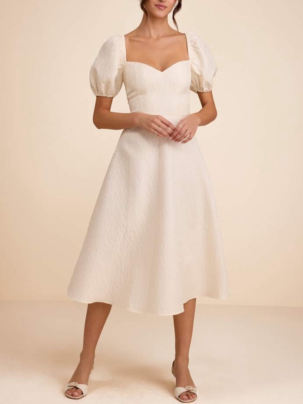 Lulus Melly Ivory Textured Jacquard Puff Sleeve Midi Dress Size M NWT